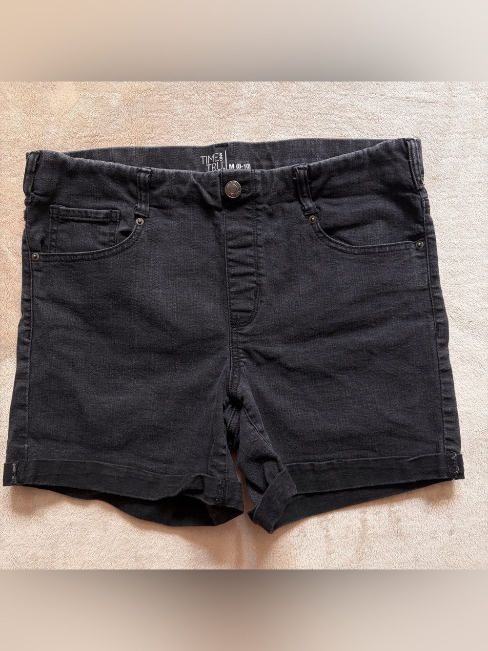 Women’s Black Denim Shorts - Cuffed Black Jean Pull On Shorts, Size M (8-10)